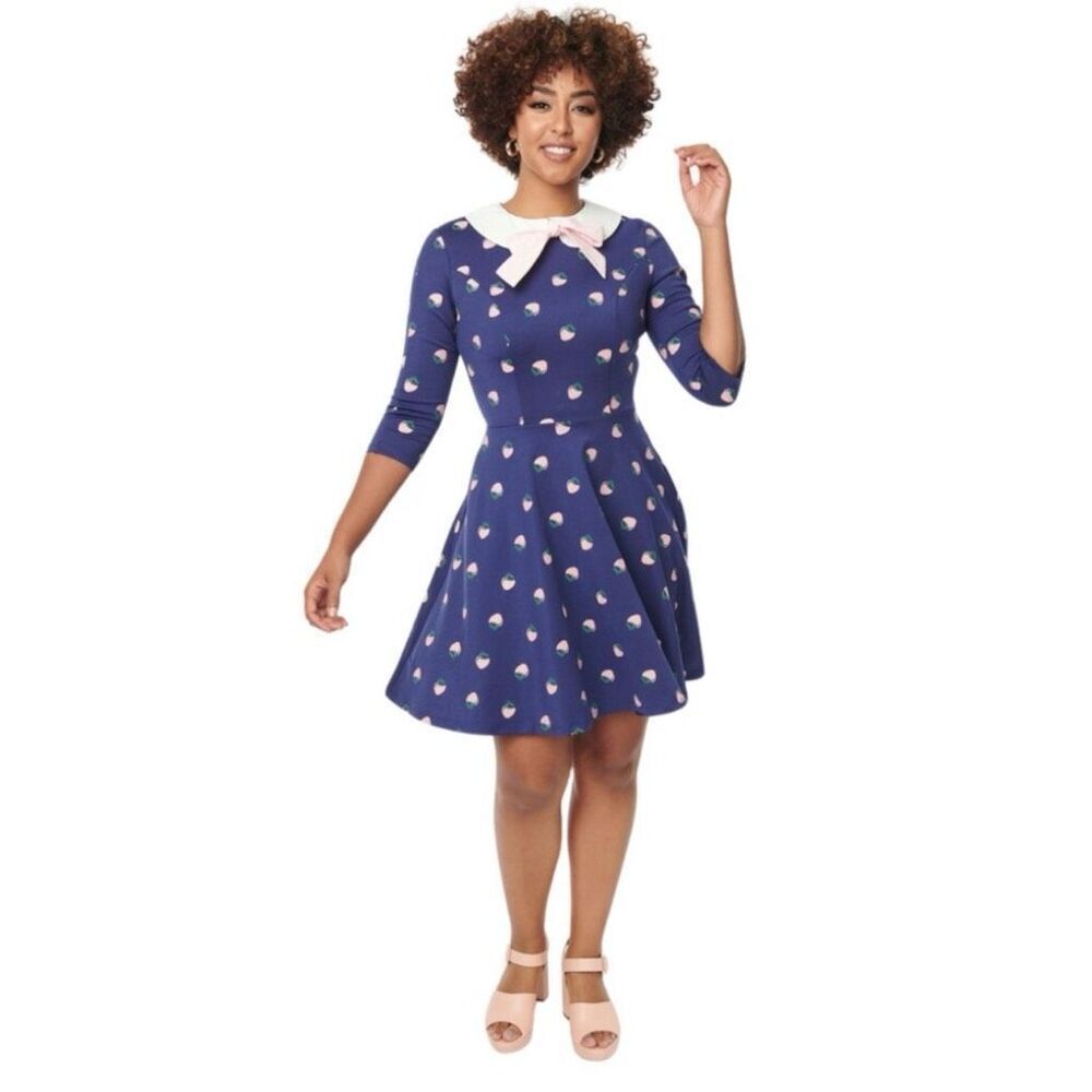 Unique Vintage Retro Inspired 50’s Navy Strawberry Fit & Flare Dress S - Picture 2 of 14